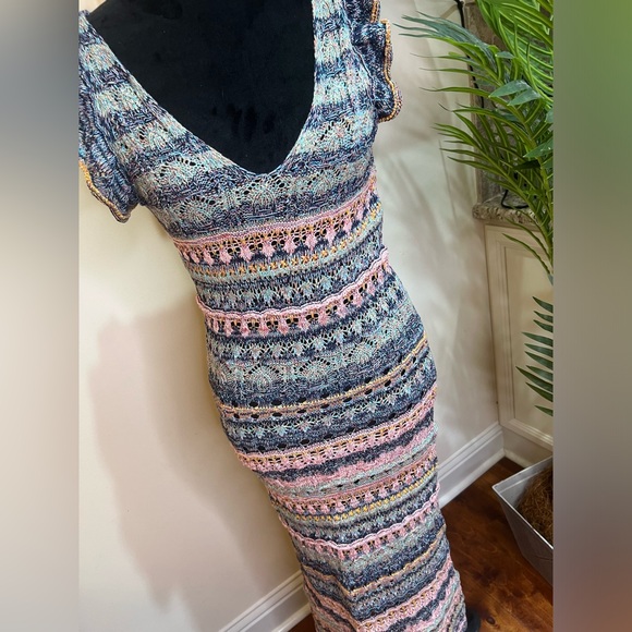 ZARA RUFFLED POINTELLE KNIT BODYCON MIDI DRESS MULTICOLORED Small - Picture 5 of 12